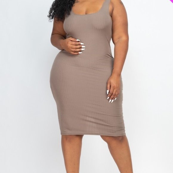 brown bodycon dress plus size Plus Size Ribbed Knit Front Tie Short Sleeve Bodycon Midi Dress Mocha / 1X-2X-3X/3-2-1 main image 0